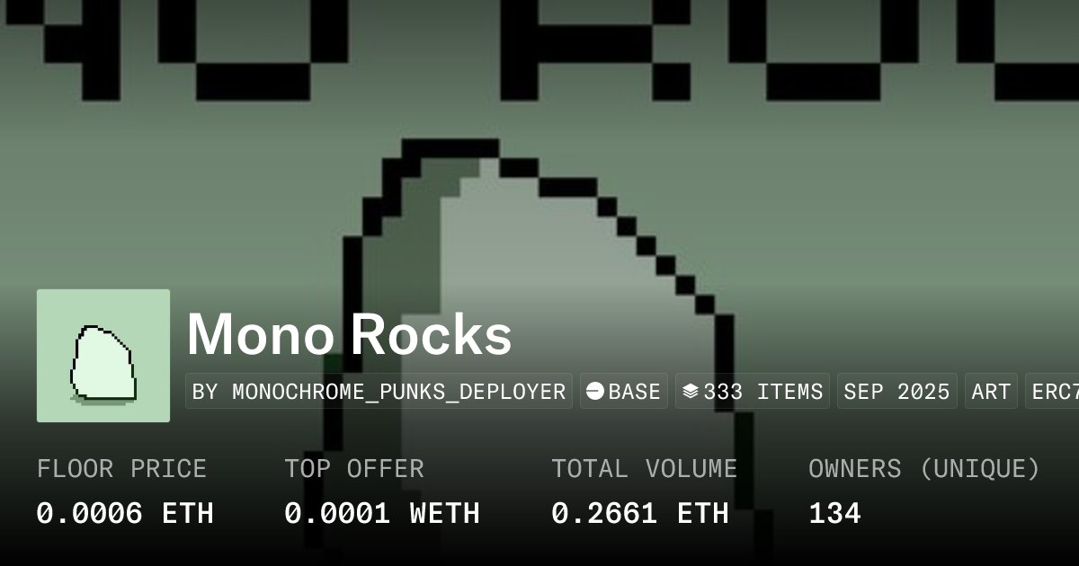 NFT_Arts_ETH's tweet card. Mono Rocks is a homage to the legendary EtherRocks — simple, scarce, and iconic. This time, the rocks come in monochrome and live on Base, bringing the same hype and flex culture to a new frontier