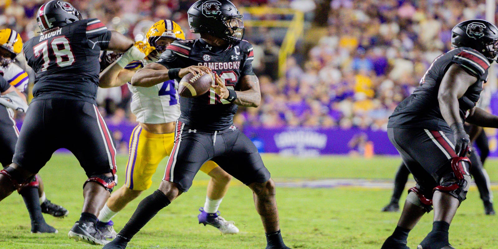 GoUpstate's tweet card. South Carolina quarterback LaNorris Sellers and the Gamecocks lost to LSU in a Week 7 road game. Here's how we graded Sellers' performance.