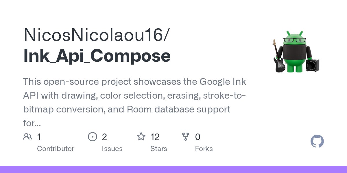 nicolaou_nicos's tweet card. This open-source project showcases the Google Ink API with drawing, color selection, erasing, stroke-to-bitmap conversion, and Room database support for saving and loading strokes. - NicosNicolaou1...