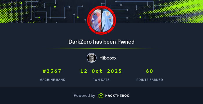 Hibooxx9's tweet card. I have just owned machine DarkZero from Hack The Box