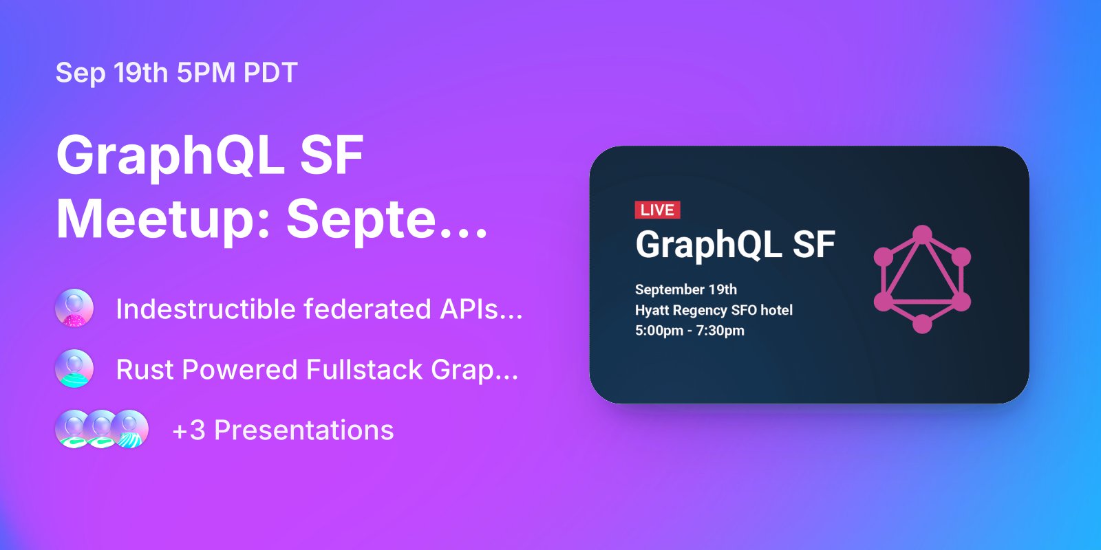 GraphQL's tweet card. Sep 19th 5:00PM: This is the first of an ongoing new series of meetups for the GraphQL community in the San Francisco Bay Area organized with and supported by the GraphQL Foundation. There is still...