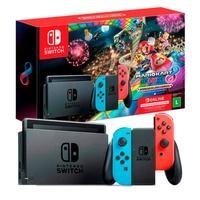 PromoAchados's tweet card. Console Nintendo Switch + Joy-Con Neon + Mario Kart 8 Deluxe + 3 Meses de Assinatura Nintendo Switch Online, Azul e Vermelho. Compre o seu!