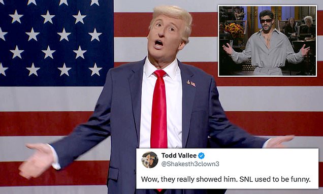 PretzelLogic9's tweet card. The late-night sketch comedy show opened its 51st season with a jab at Donald Trump 's crackdown on TV, with James Austin Johnson reprising his role as Trump.