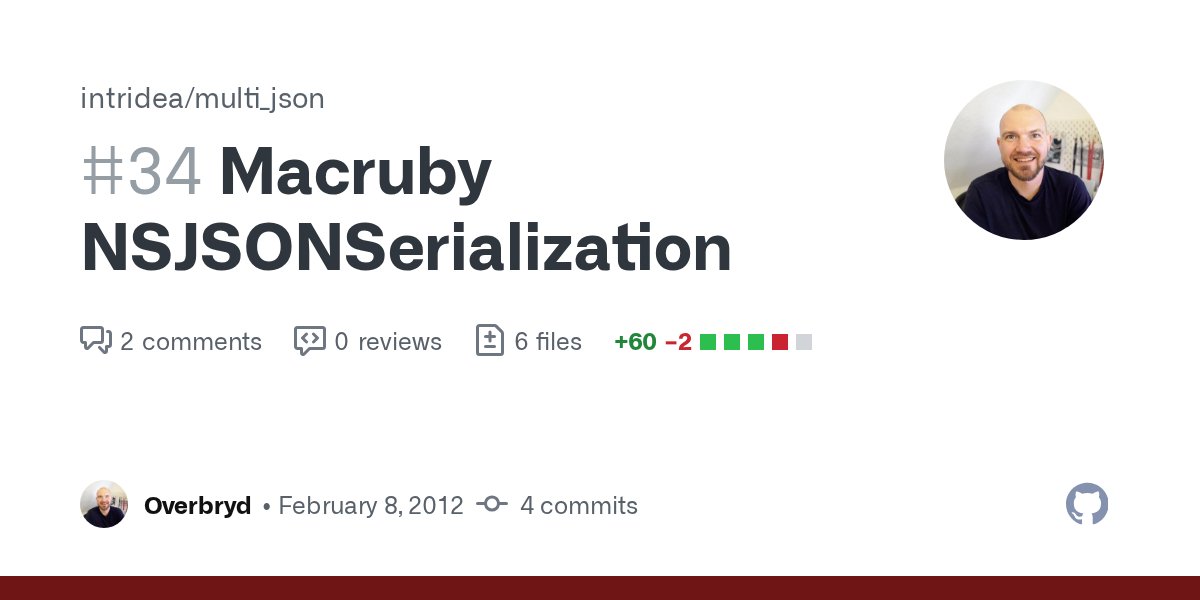 Overbryd's tweet card. I've implemented MacRuby specific NSJSONSerialization. It is using Cocoa's JSON coder, but for maximum compatibility (i.e. supporting rootless objects) with the MultiJson spec I am ...