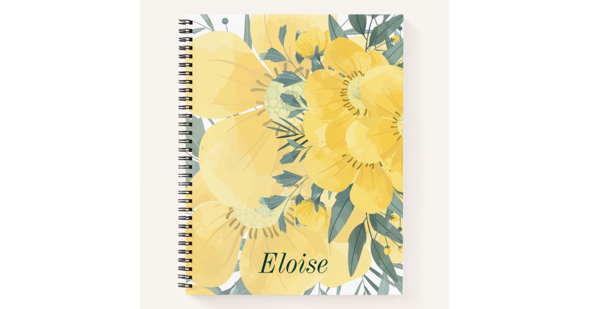 HerartbyHer's tweet card. The Yellow Sunny Blossoms notebook has a personalizable front cover featuring a bright yellow floral pattern with sage leaves, making it an ideal choice for those who appreciate both style and...