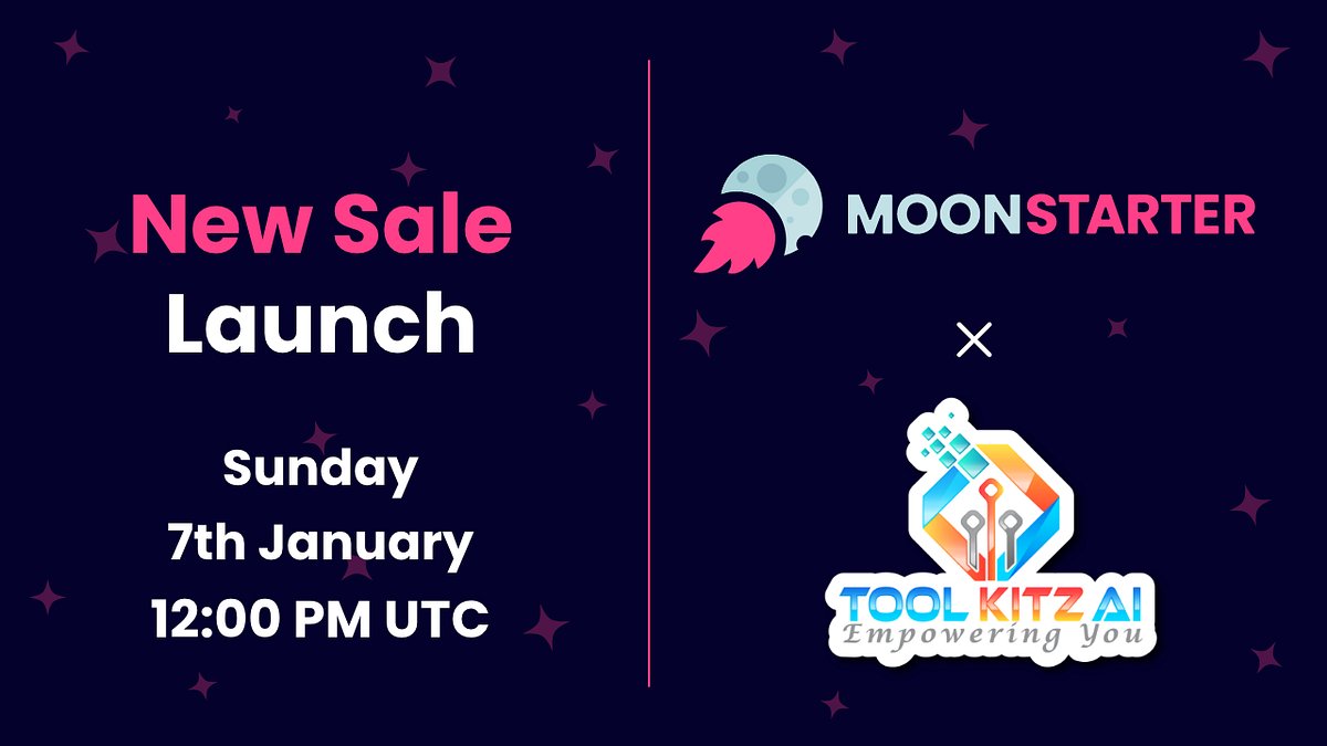 moonstarter_off's tweet card. Announcing Tool Kitz AI Sales on Moonstarter Attention: Only the public sale, has protection shield activated. Dear Community, We are happy to announce that Tool Kitz AI has selected MoonStarter as …