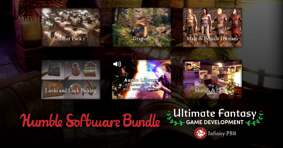 humble's tweet card. We've teamed up with Infinity PBR for our newest bundle! Get tons of fantasy-themed Unity and Unreal assets like epic dragons, humans, and superior armor. Learn more!
