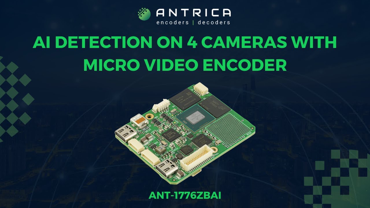 Antrica's tweet card. AI Detection on 4 Cameras with ANT-1776ZBAI Micro Video Encoder