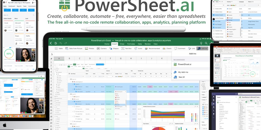 ProductHuntHi's tweet card. PowerSheet.ai is the free all-in-one no-code remote collaboration platform for automatic mobile apps, analytics, planning, bots, automation, blockchain databases – in Excel, Microsoft Teams, online,...