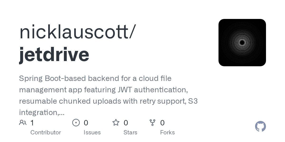 Nicklauscott's tweet card. Spring Boot-based backend for a cloud file management app featuring JWT authentication, resumable chunked uploads with retry support, S3 integration, real-time upload progress tracking, user-scoped...