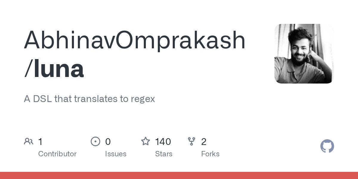 yogthos's tweet card. A DSL that translates to regex. Contribute to AbhinavOmprakash/luna development by creating an account on GitHub.