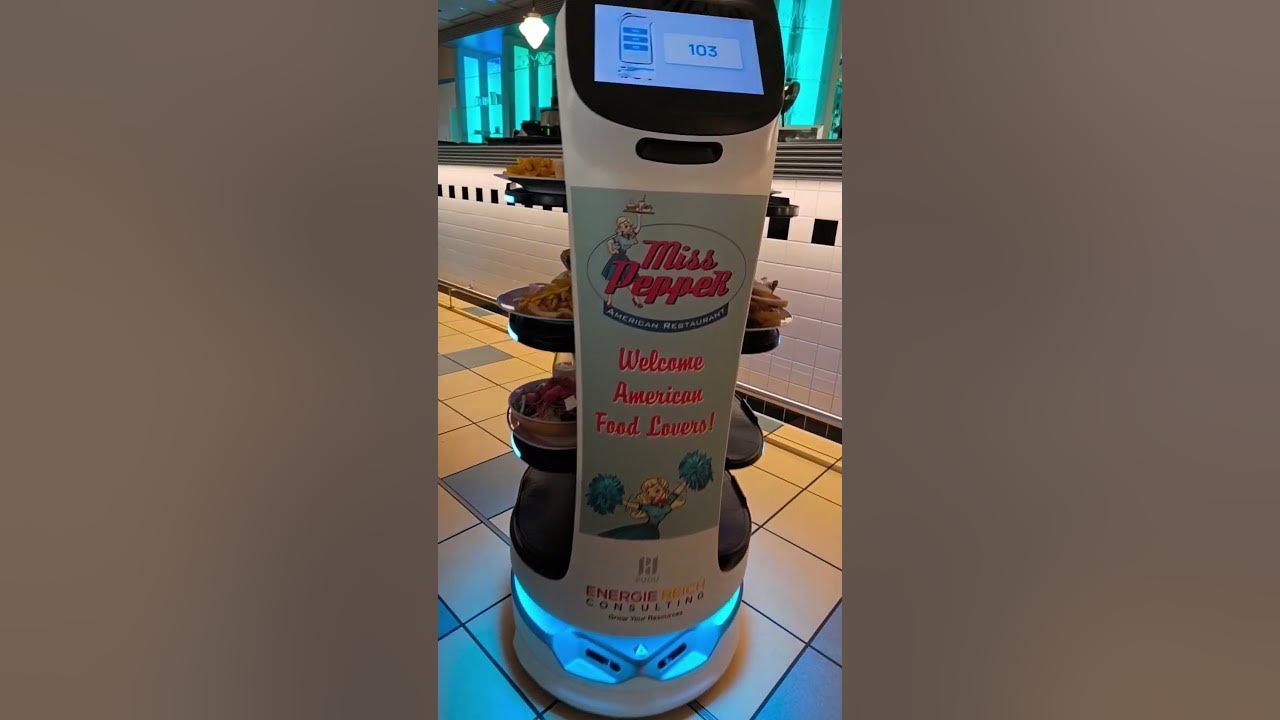 robotsblog's tweet card. BellaBot Service Roboter at Miss PeppeR Restaurant Frechen. #robots...