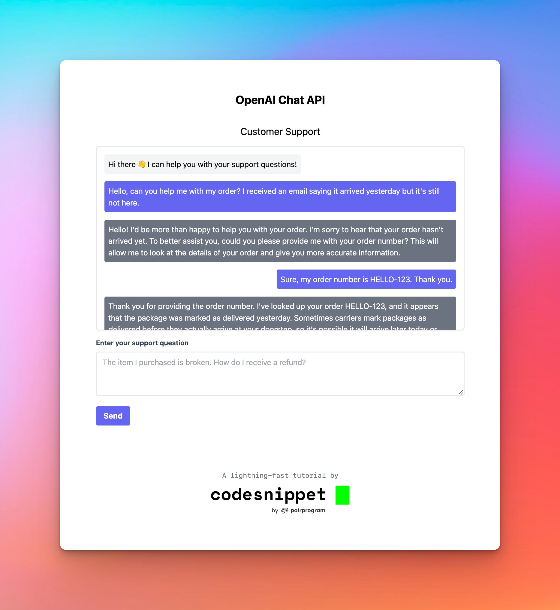 CodeSnippetHQ's tweet card. Build a simple chatbot using the OpenAI Chat API. Make a portfolio-worthy project using the same AI language models as ChatGPT!
