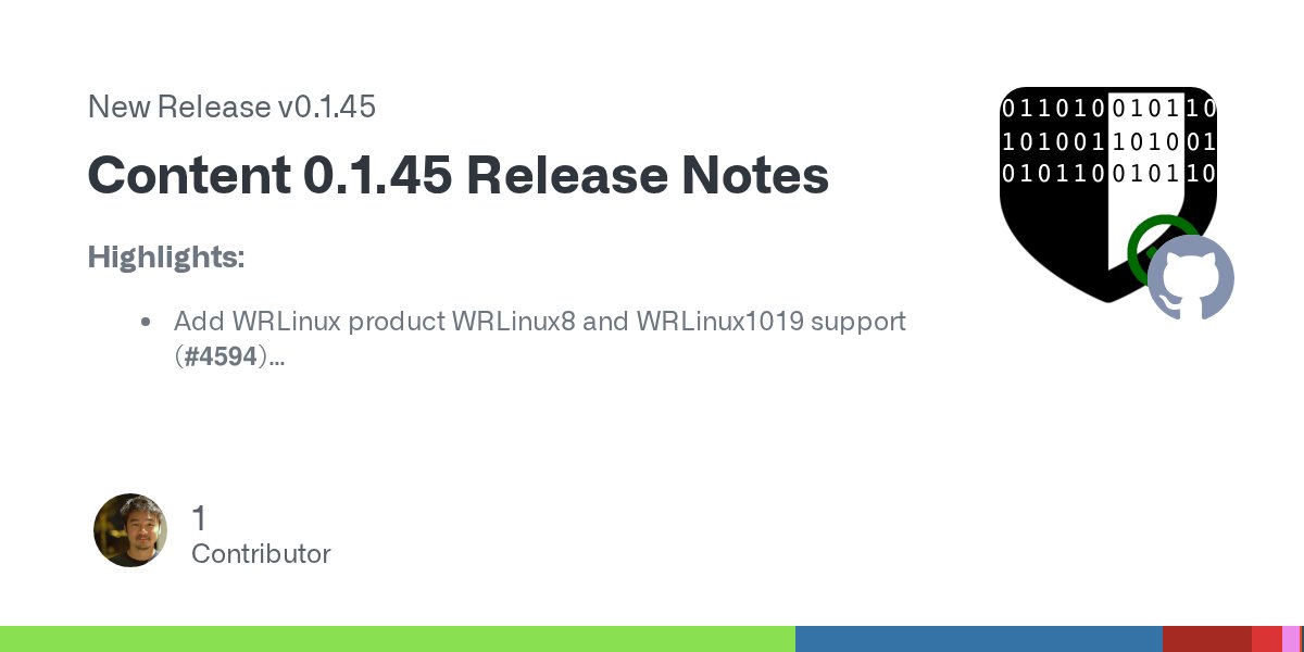 OpenSCAP's tweet card. Highlights: Add WRLinux product WRLinux8 and WRLinux1019 support (#4594) RHEL7 ANSSI profiles are now enabled Improvements to profile statistics, check them out in stats job New OVAL, Bash and Ans...