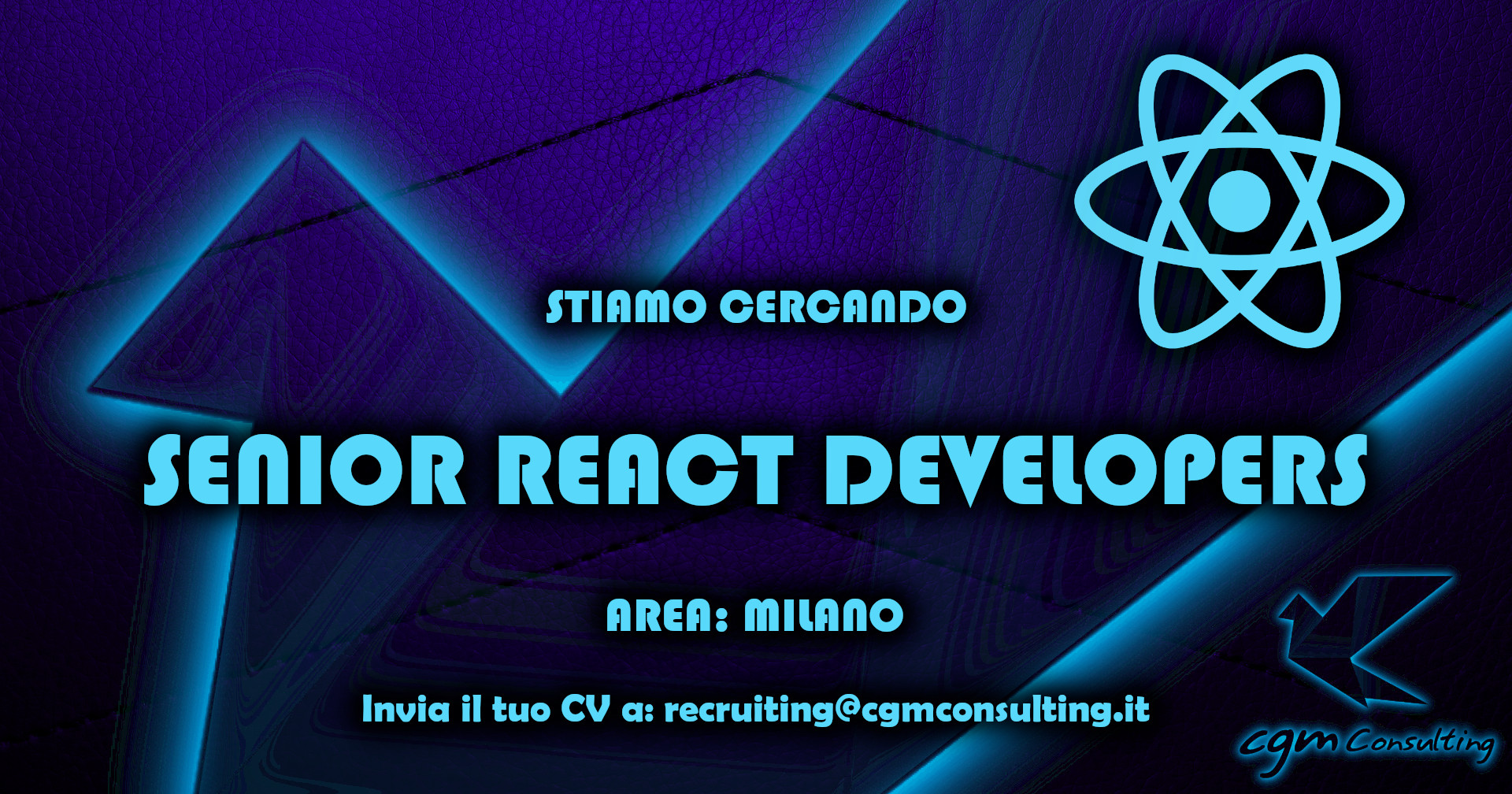 CGMConsulting's tweet card. CGM Consulting cerca Senior React Developers Full Remote da inserire su progetti ad alto contenuto tecnologico. Lavoro da remoto.