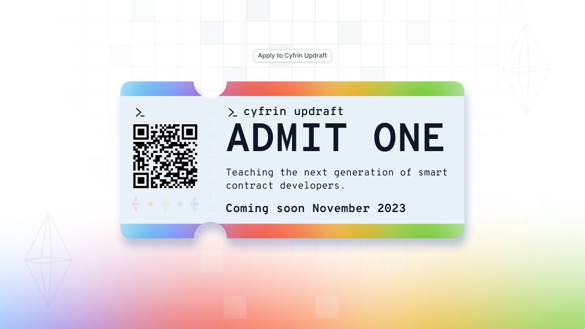 KontractKoder's tweet card. Heyo! Thank you for taking the time to apply to the Cyfrin Updraft Early Access. Be amongst the first to access our new web3 education platform with dozens of hours of courses, completely for free!