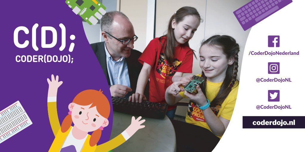 CoderDojo013's tweet card. CoderDojo is een open source, door vrijwilligers opgezette beweging die staat voor het houden van gratis, non-profit development clubs en reguliere sessies voor jonge mensen.