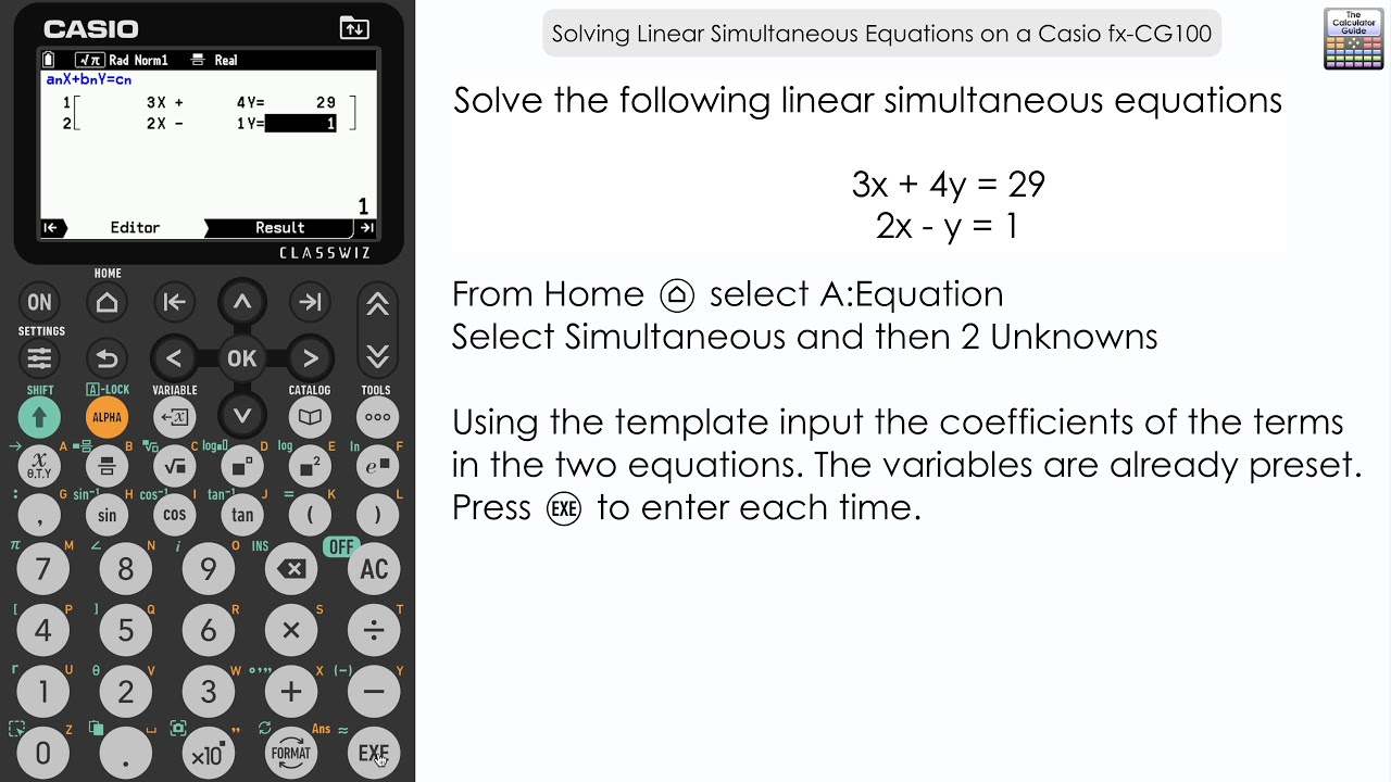 GuideCalculator's tweet card. Solving Simultaneous Equations (Linear) on a Casio fx-CG100 Graphic...