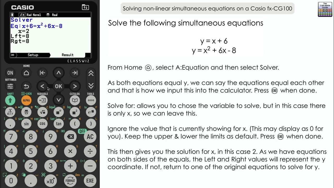 GuideCalculator's tweet card. Solving Simultaneous Equations (Non-Linear) on a Casio fx-CG100...