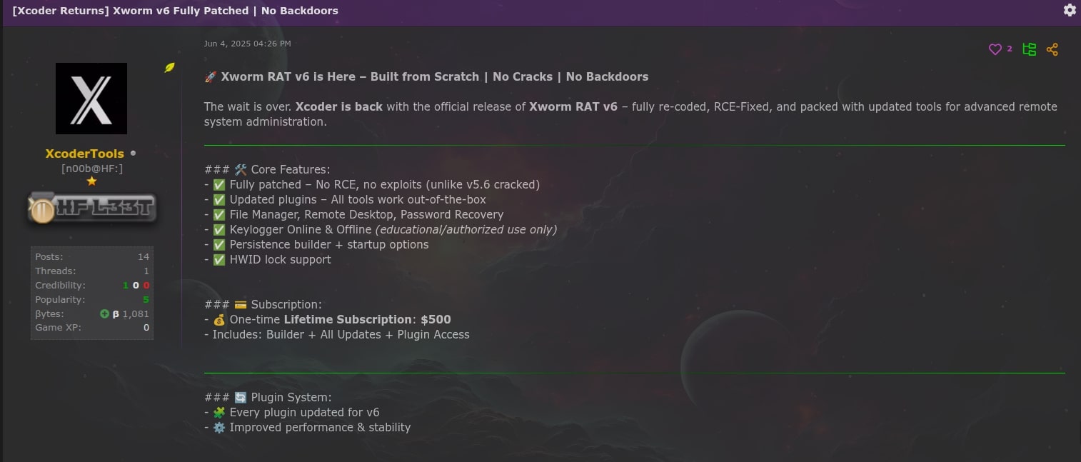 TweetThreatNews's tweet card. XWorm resurfaced in 2025 as XWorm V6.0 with a modular plugin architecture enabling remote access, credential theft, ransomware, and persistence via multiple techniques including ResetConfig.xml....