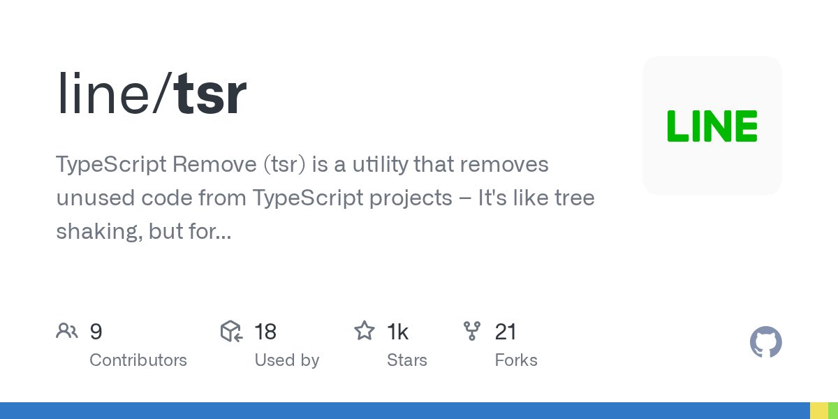 grandiopanda's tweet card. TypeScript Remove (tsr) is a utility that removes unused code from TypeScript projects – It's like tree shaking, but for source files - line/tsr