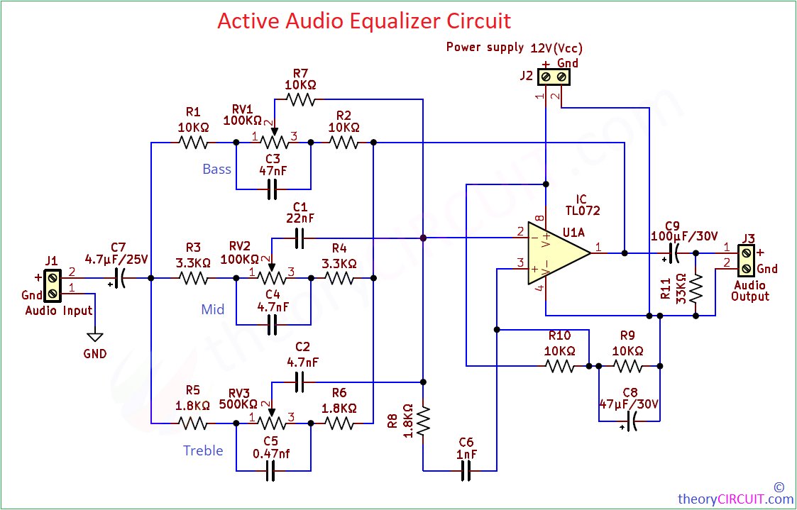 theorycircuit's tweet card. Equalizer circuit in a Audio System helps us to filter & adjust Bass, Mid, Treble frequencies. Sometimes while listening to Audio, you may felt the low bass or too sharp…