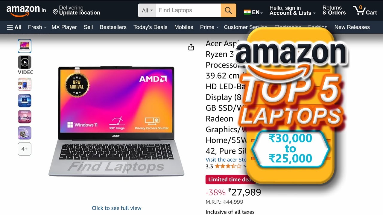 codeurselftech's tweet card. ⚡Amazon⚡ Best laptops under 25000 to 30000 for students, profession...