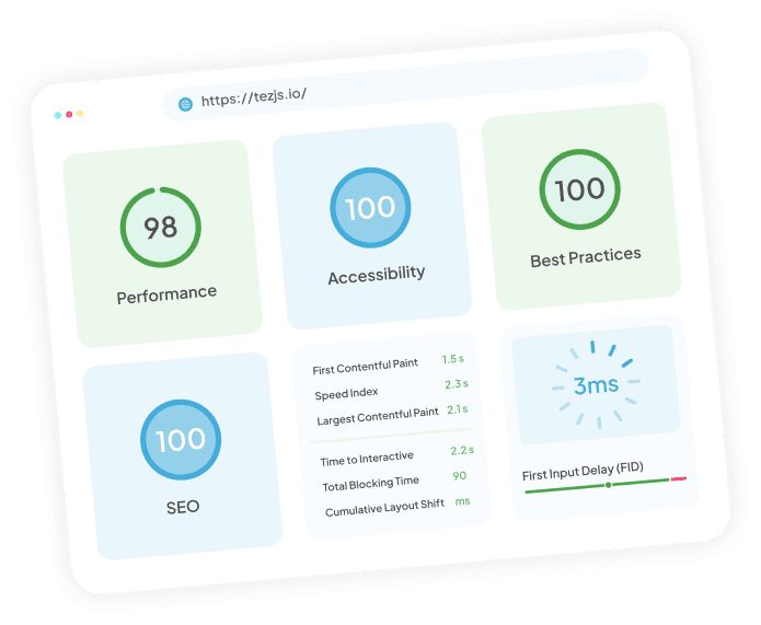 tez_js's tweet card. TezJS is an open-source framework packed with VueJs and Jamstack, allowing developers to build super-fast, modern-stack websites with 98+ google core web vitals.