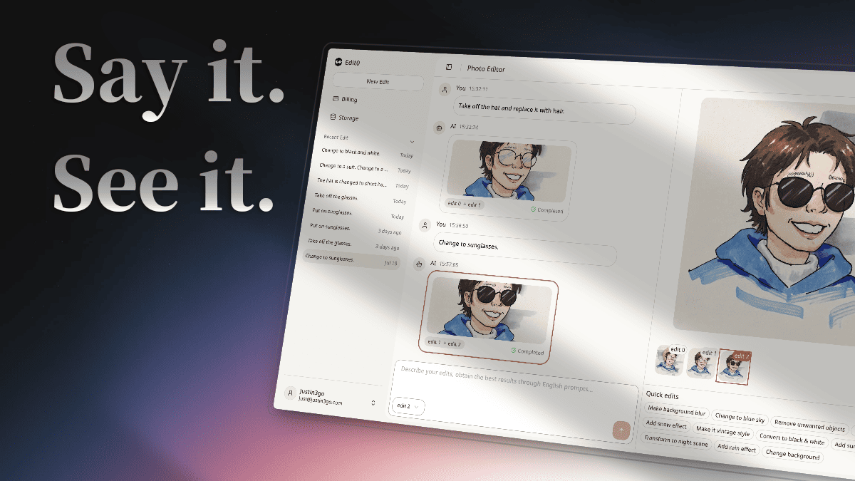 openhunts's tweet card. Edit0 is an AI-powered photo editor that allows users to create professional-grade images using simple conversational commands. Key features include:Conversational Editing: Transform photos by...