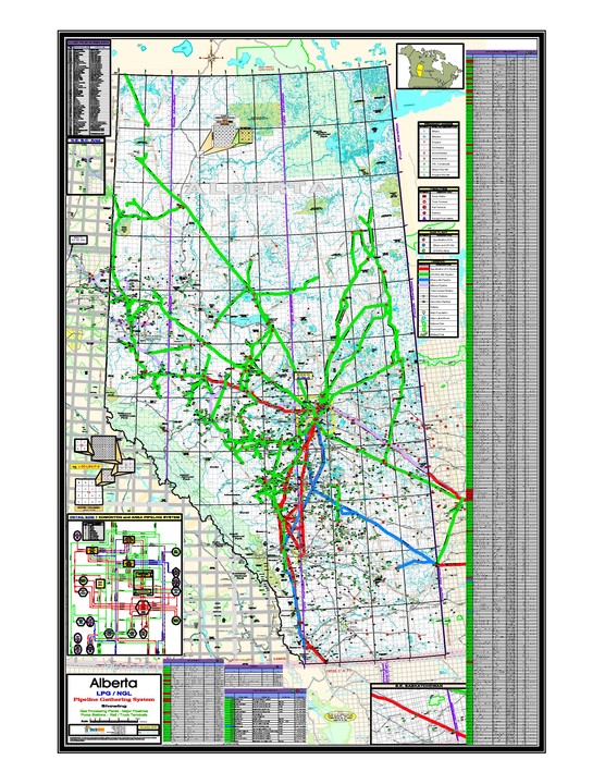 techskillmaps's tweet card. Description: A map of Alberta displaying the Gas Processing Plants, Pipelines, Pump Stations and Rail / Truck Terminals throughout Alberta and North Eastern B.C.