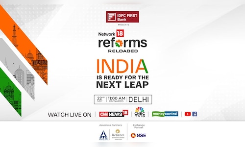 CNBCTV18Live's tweet card. IDFC FIRST Bank presents Network18 Reforms Reloaded, kicks off today (September 22) in New Delhi, it is set to bring together India's most influential voices to chart the nation's next big economic...