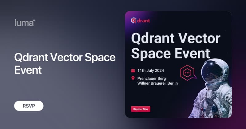 isabelle_mohr's tweet card. Vector Space Event The Qdrant team, in cooperation with Jina AI, invites you to our next Vector Space event, where we will discuss the exciting new features…