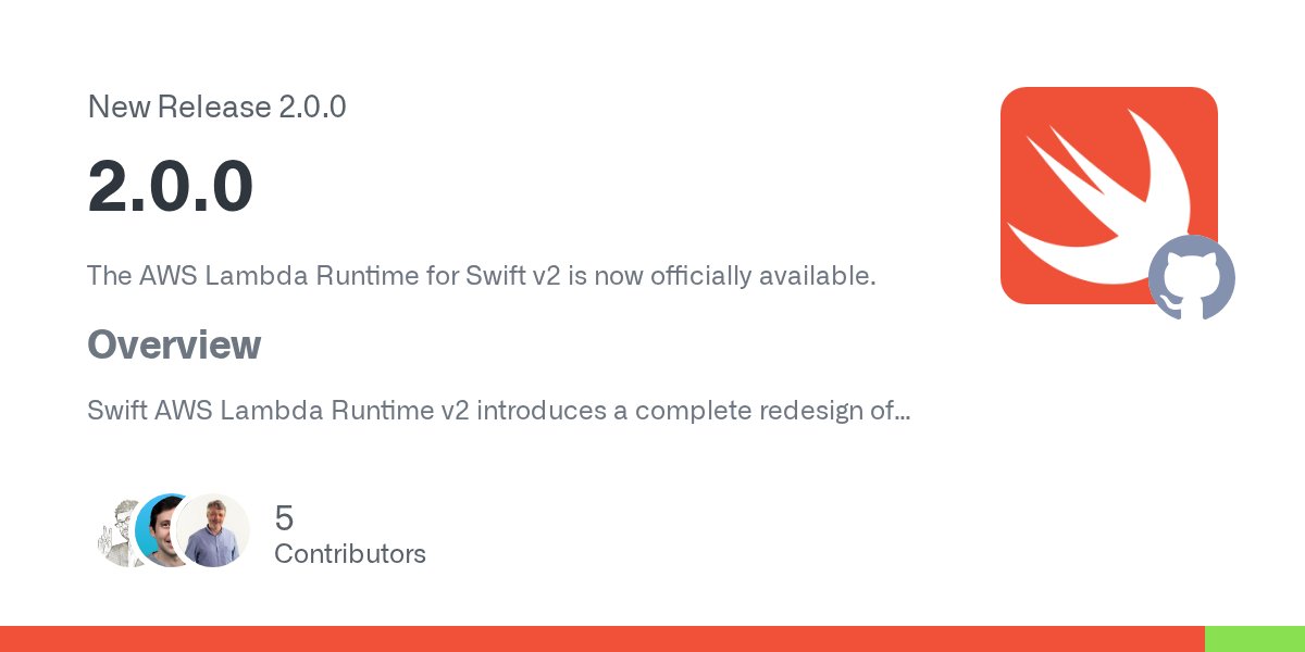 sebsto's tweet card. The AWS Lambda Runtime for Swift v2 is now officially available. Overview Swift AWS Lambda Runtime v2 introduces a complete redesign of the API with async/await-first architecture, response streami...