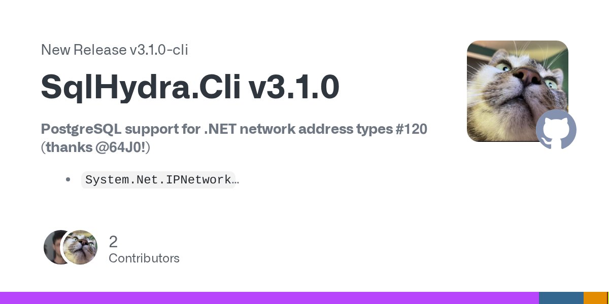 jordan_n_marr's tweet card. PostgreSQL support for .NET network address types #120 (thanks @64J0!) System.Net.IPNetwork System.Net.IPAddress System.Net.PhysicalAddress Misc Entire test suite is now run on all PRs #120 (tha...