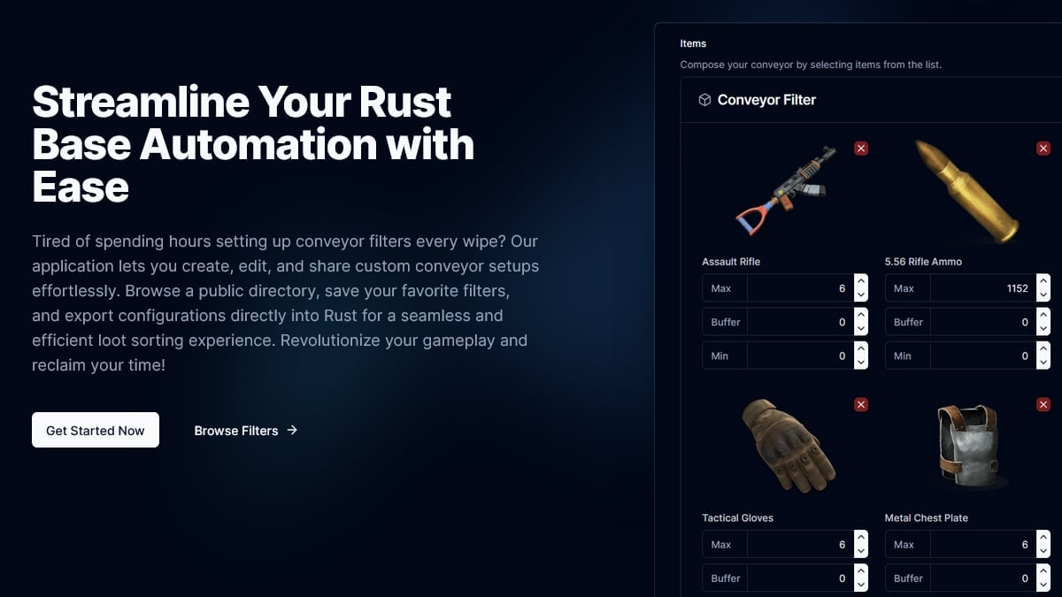 RustFiltersApp's tweet card. Generate Rust conveyor filters with ease. Create, edit, and share your filters with others.