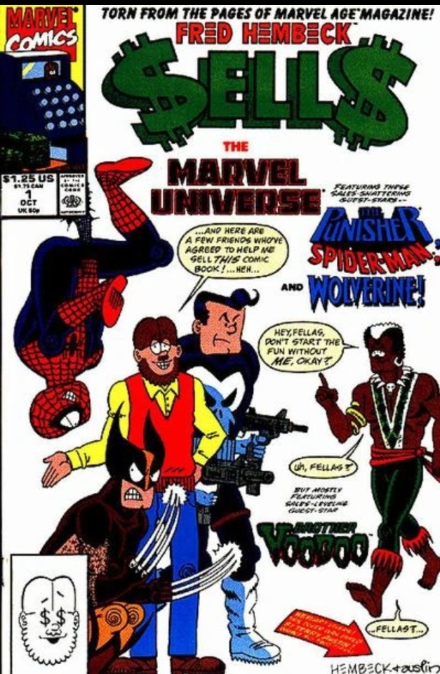 DrBob39980582's tweet card. 💬 0  🔁 2  ❤️ 0 · The One Shot "Fred Hembeck Sells the Marvel Universe" was published with a cover date of October 1990. ("1st Story", "Rep on Ice", Fred Hembeck Sells the Marvel Universe, Marvel Co…