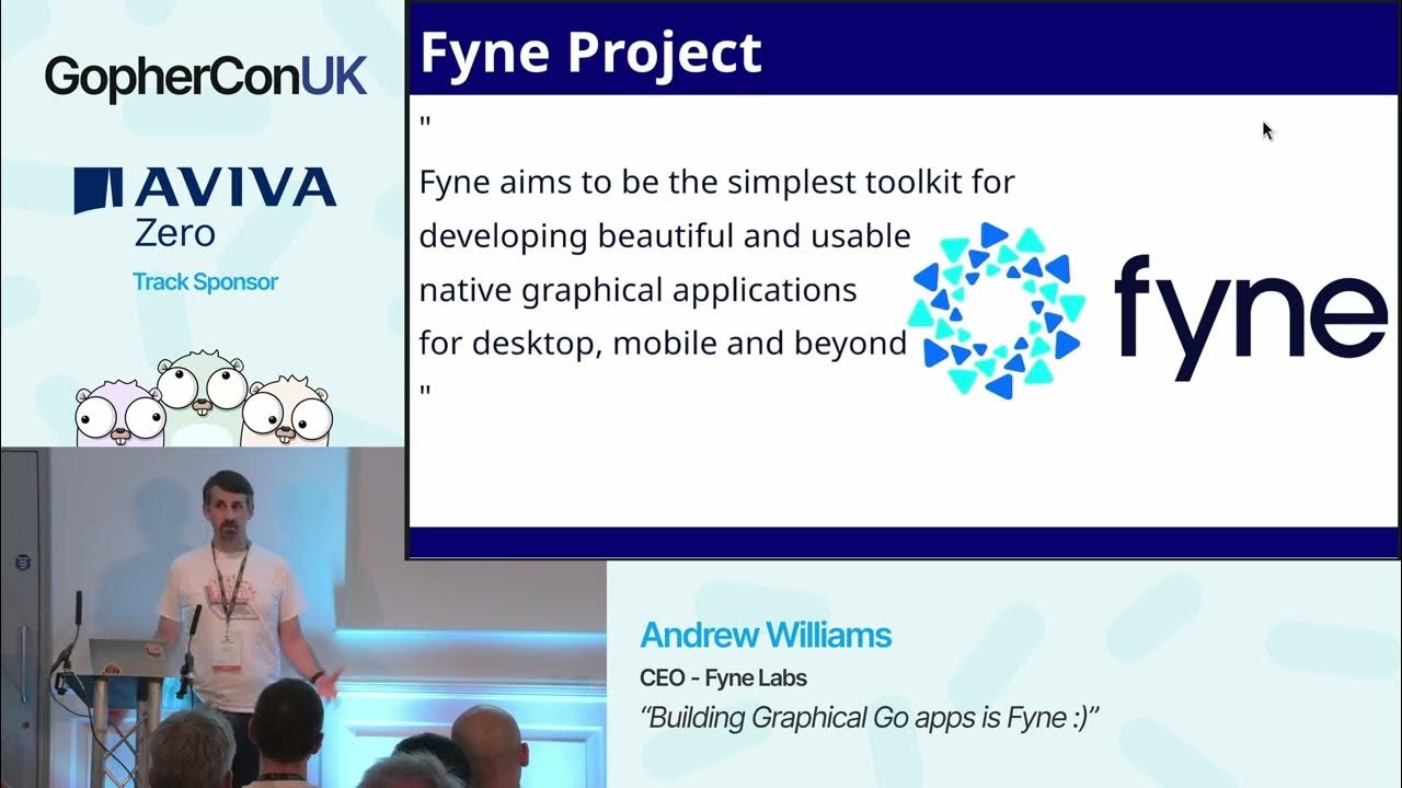 GolangGo's tweet card. Building Graphical Go apps is Fyne Andrew Williams, FyneLabs
