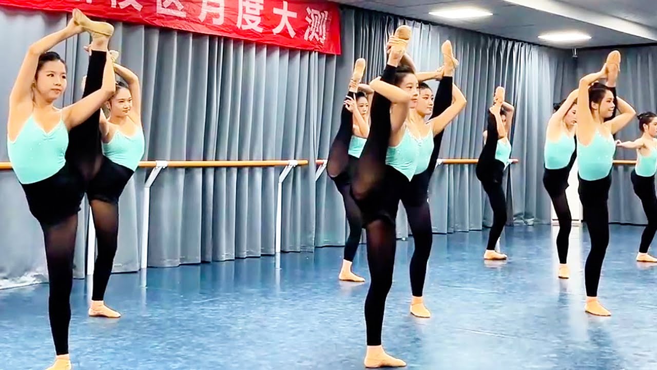 hAunLyBtJCXFkeP's tweet card. Chinese Dance Exam Day | Girls in Cyan Leotards Show Perfect Skills &...