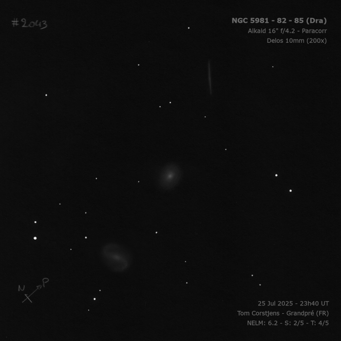 TeleVueOptics's tweet card. Tom Corstjens (Tom C)Draco Triplet (NGC 5981 /82 /85)Date: 25th July 2025Location: Northern France (Bortle 3)Equipment: Dobsonian 16" f/4.2Magnification: Delos 10mm (200x)Tools: White 200g paper,...