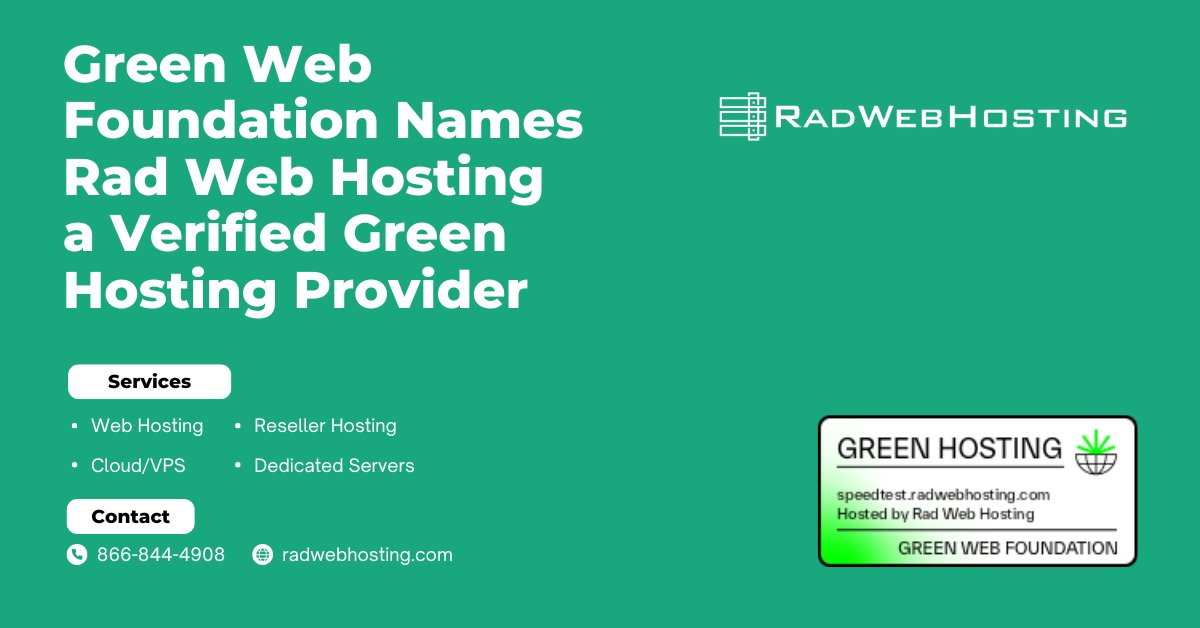 RadWebHosting's tweet card. Rad Web Hosting named Verified Green Hosting Provider by Green Web Foundation for providing sustainable hosting services powered by 100% renewable energy.