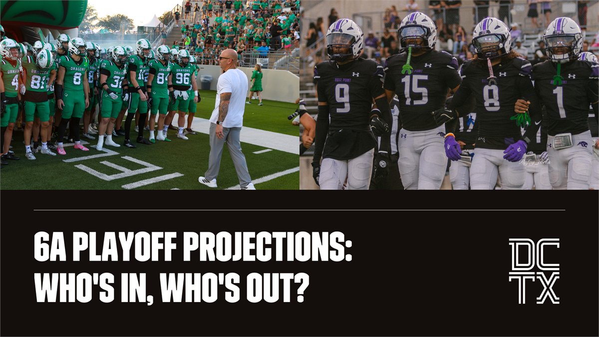 dctf's tweet card. 2025 Class 6A Division I and II Texas High School Football Playoff Projections, including teams like Southlake Carroll, Allen, Katy, Lake Travis, DeSoto, Duncanville and Longview.