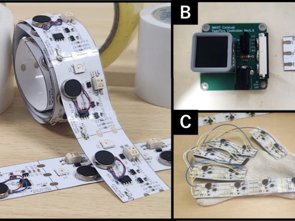 Hacksterio's tweet card. Tape-Tics is a low-cost, flexible vibrotactile system that uses smart tape with vibration motors to add haptic feedback to any application.
