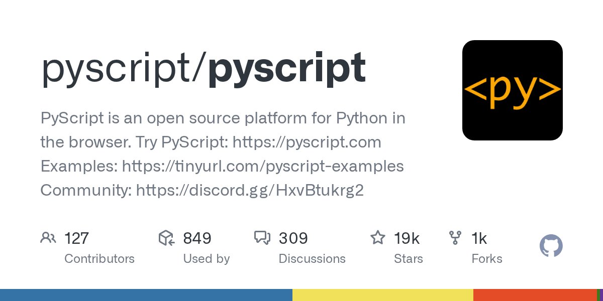 JeffersGlass's tweet card. PyScript is an open source platform for Python in the browser. Try PyScript: https://pyscript.com Examples: https://tinyurl.com/pyscript-examples Community: https://discord.gg/HxvBtukrg2 - pyscri...