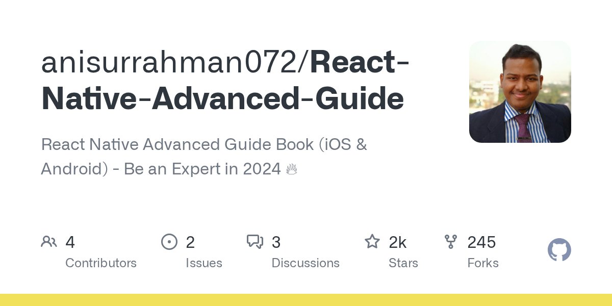 anis_RNCore's tweet card. React Native Advanced Guide Book (iOS & Android) - Be an Expert in 2024 🔥 - anisurrahman072/React-Native-Advanced-Guide