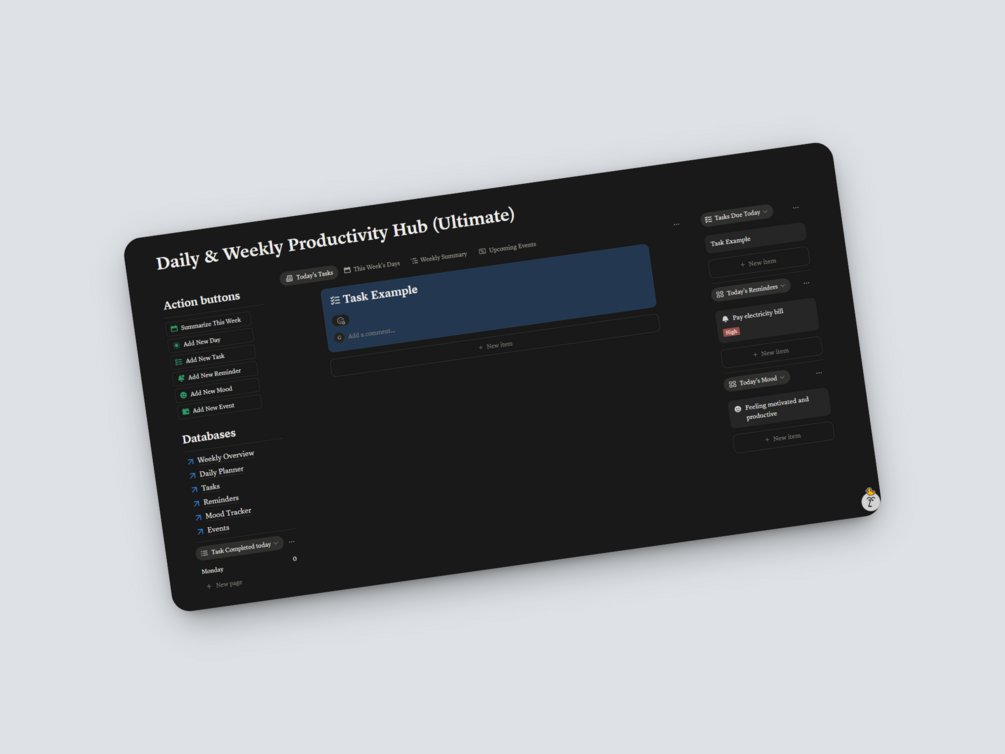 roncz_g's tweet card. Daily & Weekly Productivity HubA clean and fully functional Notion dashboard designed to make your planning effortless — from daily task management to weekly summaries and beyond.Built for thos...