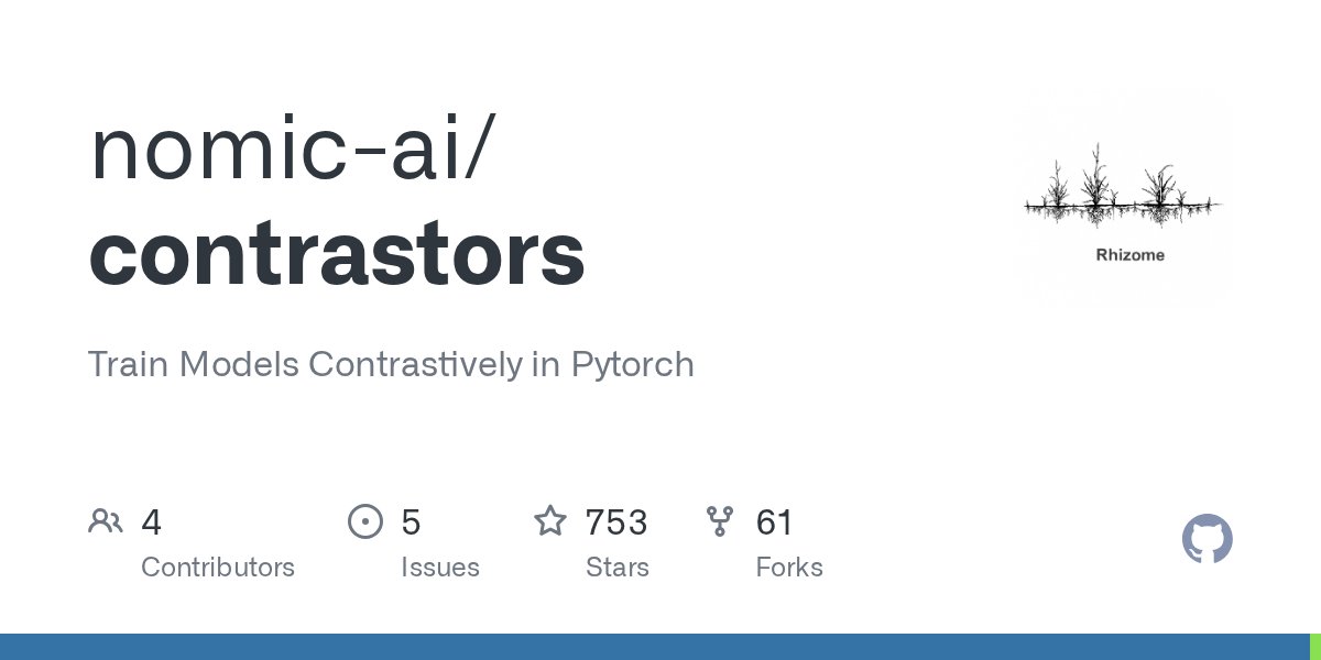 PyTorchPractice's tweet card. Train Models Contrastively in Pytorch. Contribute to nomic-ai/contrastors development by creating an account on GitHub.