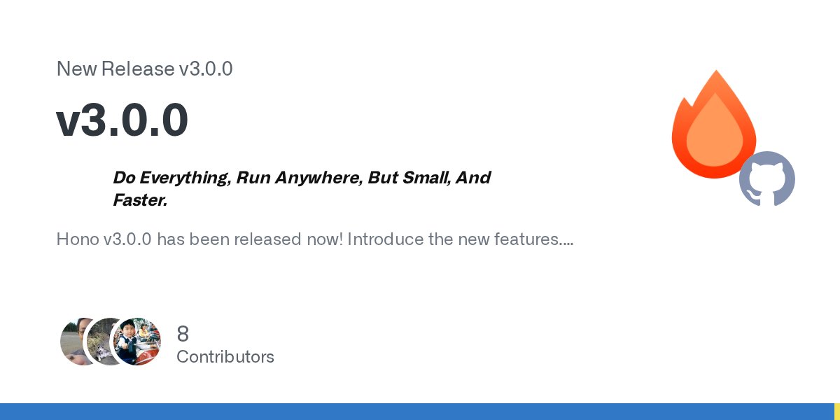 honojs's tweet card. Do Everything, Run Anywhere, But Small, And Faster. Hono v3.0.0 has been released now! Introduce the new features. Note There are some breaking changes. See the migration guide. HonoRequest Previo...