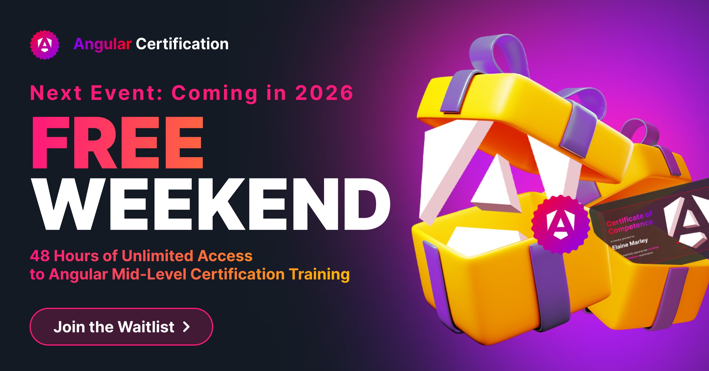 CertificatesDev's tweet card. Unlock 48 hours of free access to Angular Mid-Level Certification Training on February 22 & 23, 2025. Dive into theory, coding challenges, quizzes, and a mock exam to gauge your readiness for the...
