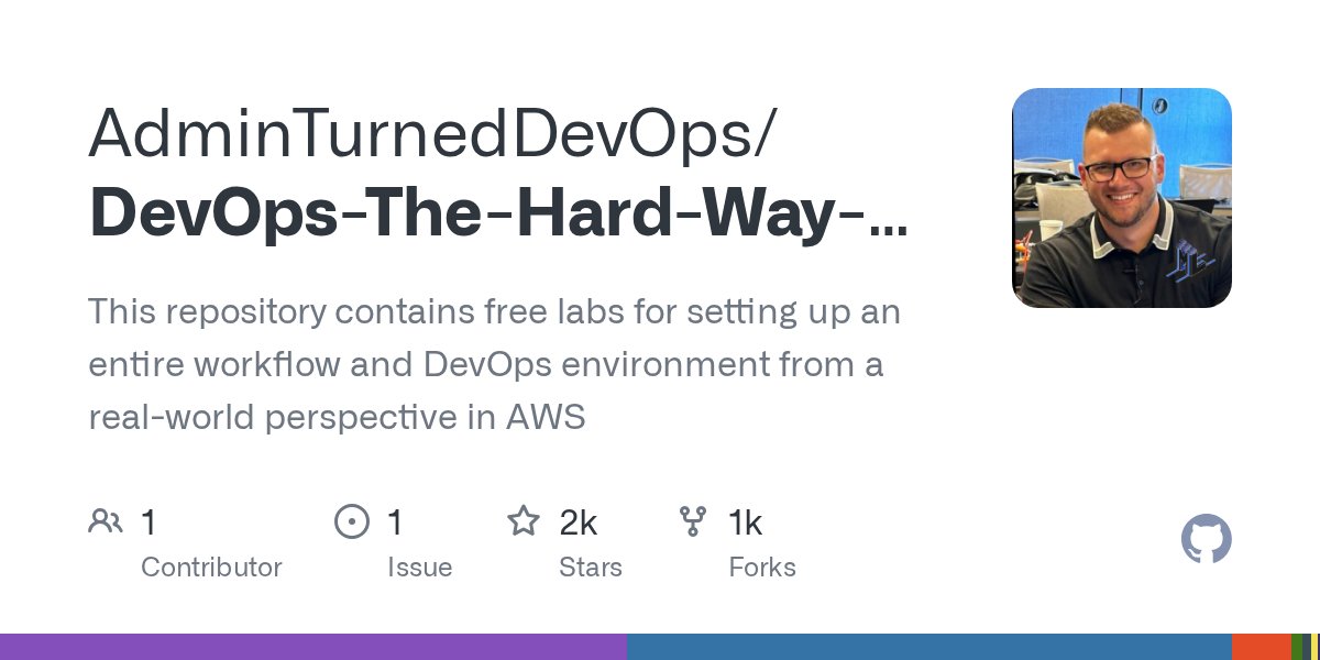 ardhenduincloud's tweet card. This repository contains free labs for setting up an entire workflow and DevOps environment from a real-world perspective in AWS - AdminTurnedDevOps/DevOps-The-Hard-Way-AWS