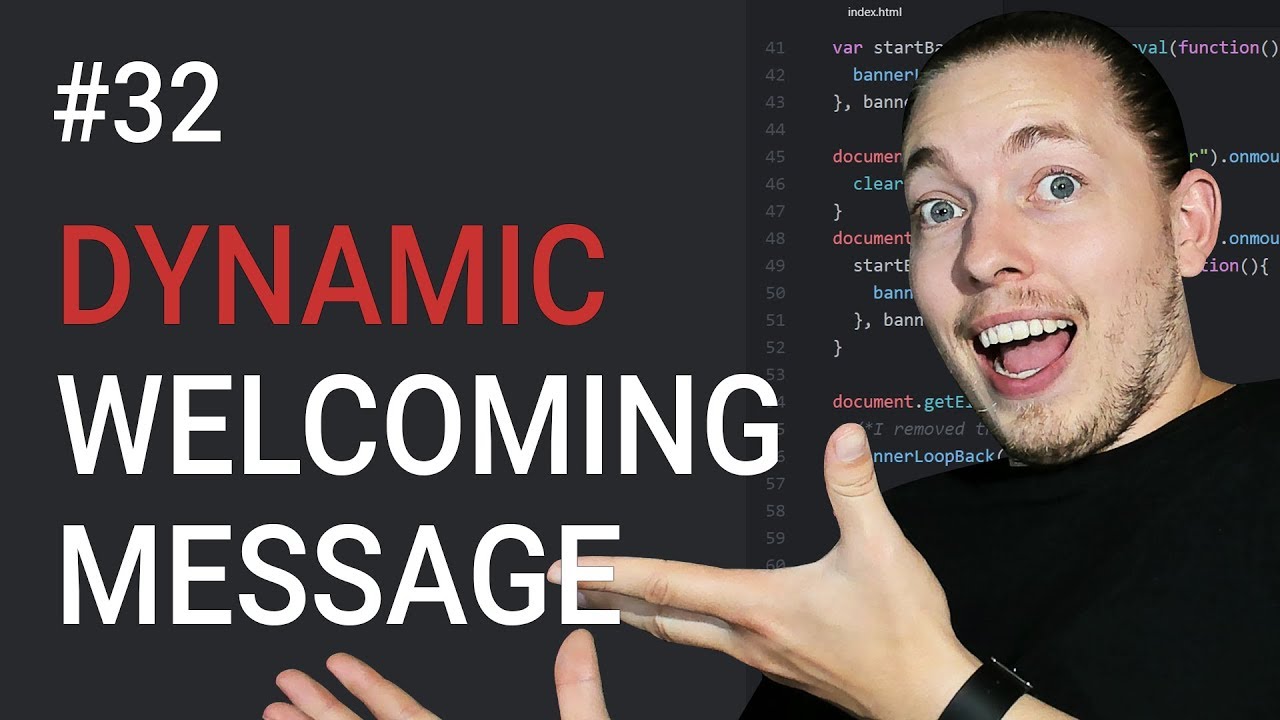 usemmtuts's tweet card. 32: JavaScript Exercise For Beginners | Dynamic Welcoming Message |...